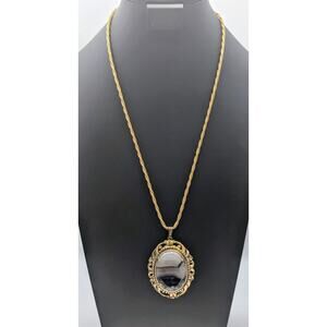 Vintage Gold Tone Agate Stone Pendant Braided Chain 25.5" Necklace